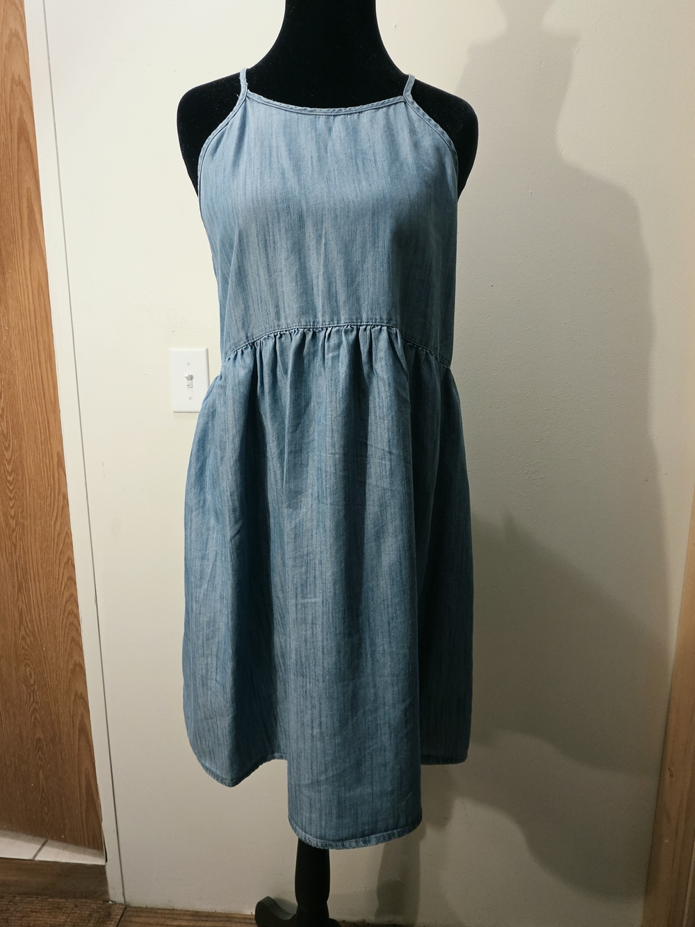 Blue Chambray Cotton Lyocell Mini Sundress M Square Neck Spaghetti Strap